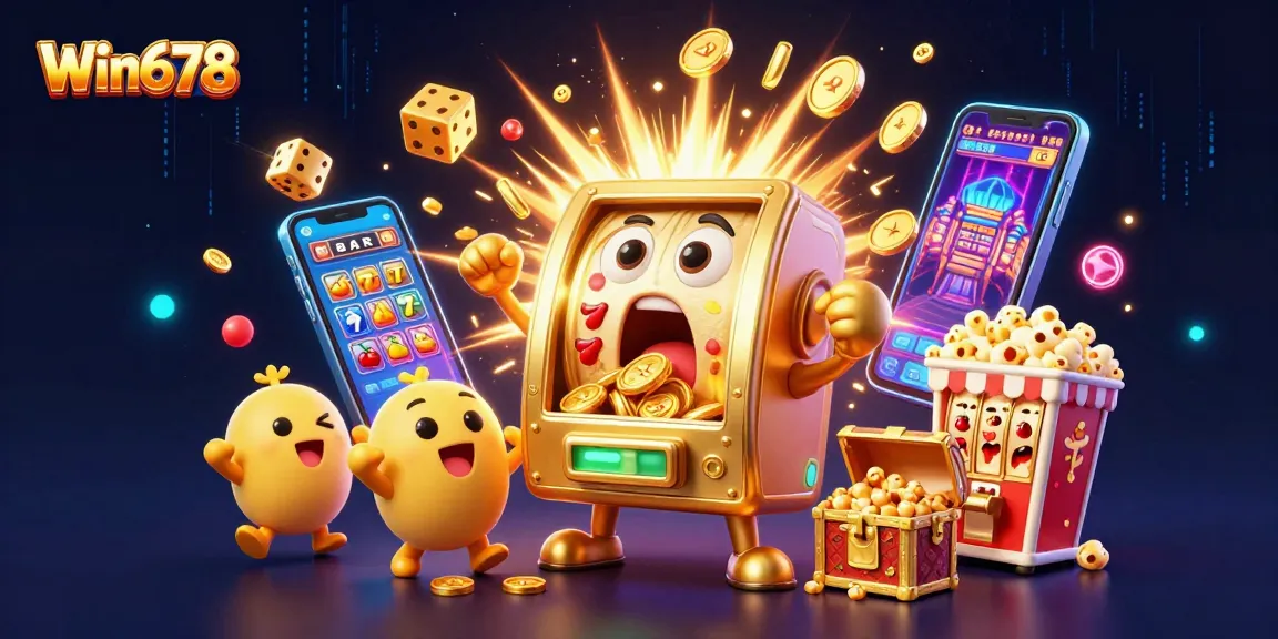 Win678 slot machine celebrates its jackpot as coins burst forth in a vibrant casino scene.