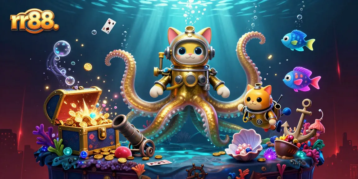 Experience the thrilling gaming world of rr88. with a golden kraken, diver, and vibrant underwater scene.