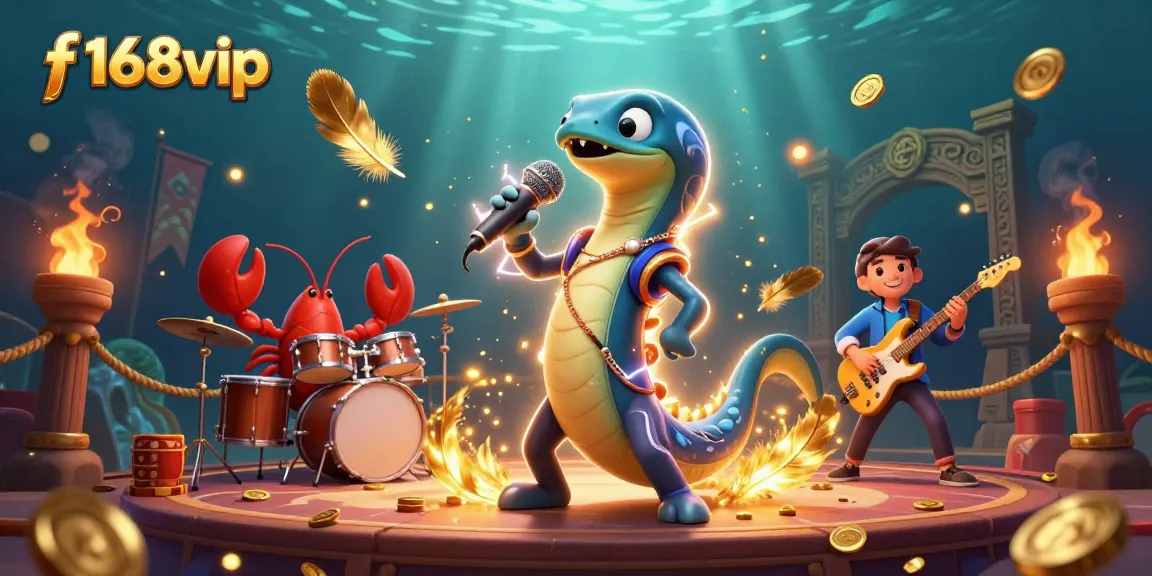 Join the fun at f168vip with an electric eel DJ in an underwater casino scene.