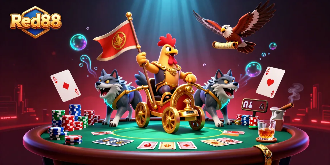 Engage in thrilling poker adventures with Red88 featuring epic characters in a vibrant 3D casino scene.