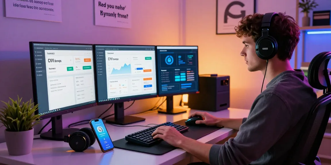 Best cvv dumps shop environment with tech-savvy individual engaging in secure online transactions, showcasing modern workspace.