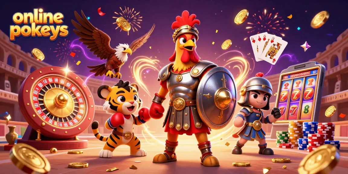 Experience online pokies with thrilling gameplay visuals of a gladiator rooster, coins, and cards