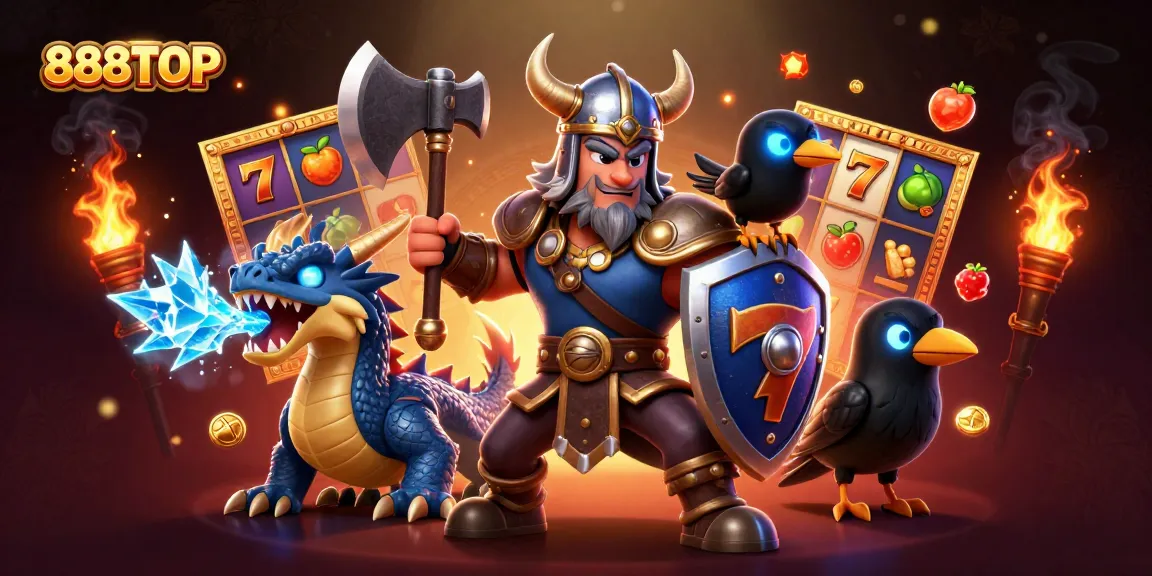 Experience the thrill of 888TOP's gaming realm with epic characters battling for jackpot riches in a vibrant casino scene.