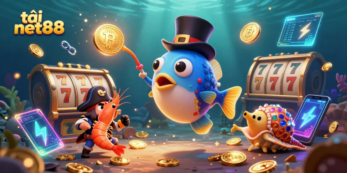 Engage with tải net88 as the anglerfish attracts golden coins and slot elements in this vibrant underwater scene.