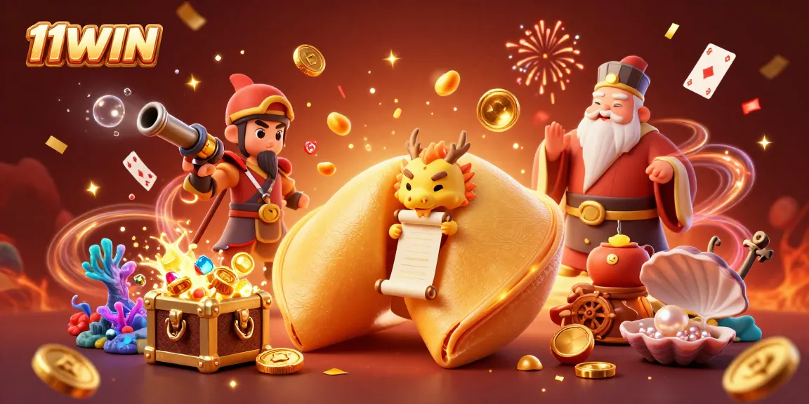 Engage with 11WIN's animated casino adventure featuring fortune cookies and treasure amidst vibrant celebrations.