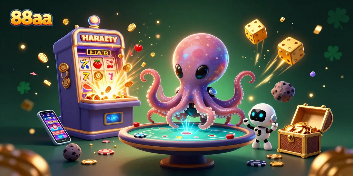 Experience the thrills of 88aa with an alien octopus playing holographic poker amidst dazzling casino elements.