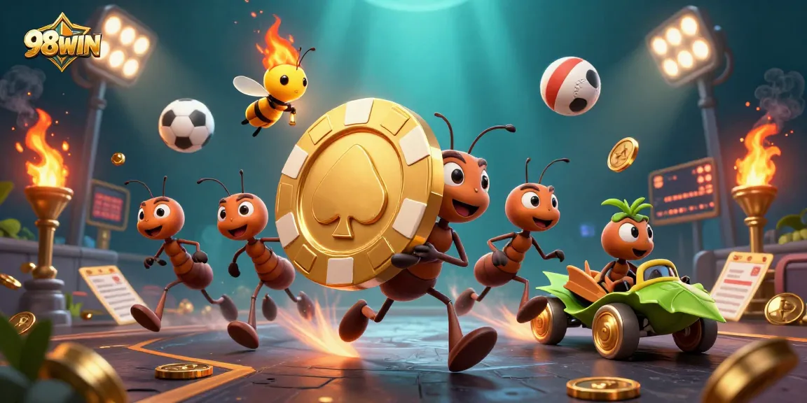Execute thrilling bets with 98WIN, as a cartoon team of ants captures a giant golden poker chip.