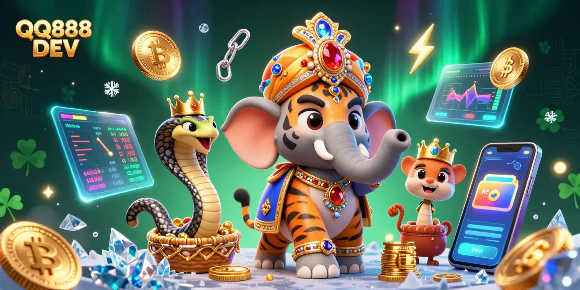 Bet confidently with QQ888 DEV, showcasing a majestic maharaja tiger at a vibrant crypto casino.