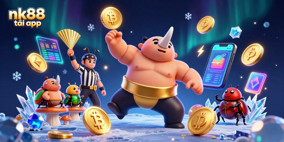 Bet on excitement with nk88 tải app in this dynamic 3D casino illustration featuring beetles celebrating their victory.