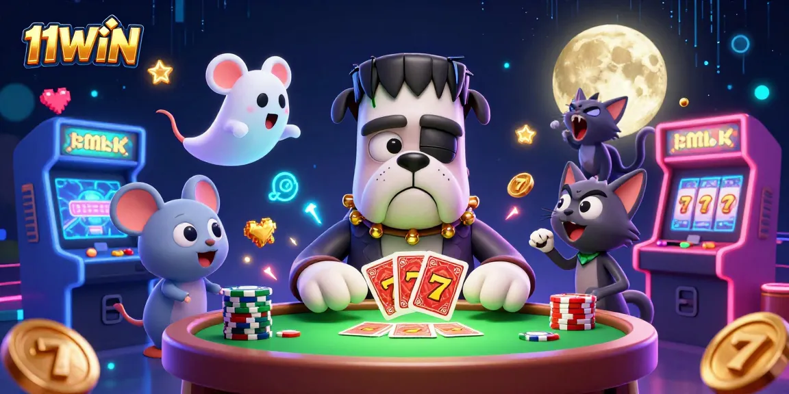 11WIN showcases an energetic, colorful casino scene where a cartoon bulldog deals cards amid vibrant game elements.
