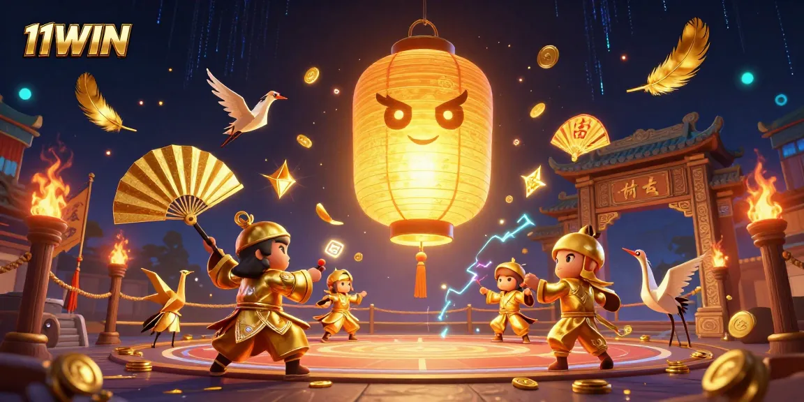 Winning with 11WIN at the vibrant night market casino showcasing golden lantern spirit and warriors.