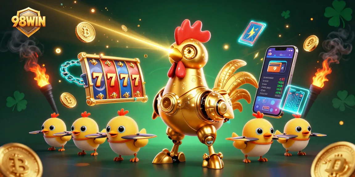98WIN showcases an exciting slot gaming adventure with a golden rooster and crypto elements.