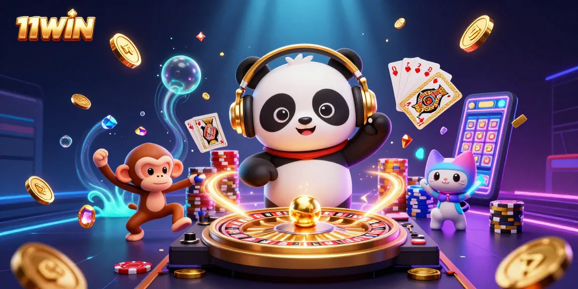 Engage with 11WIN's vibrant casino scene featuring a DJ panda and lively characters, symbolizing high stakes fun.