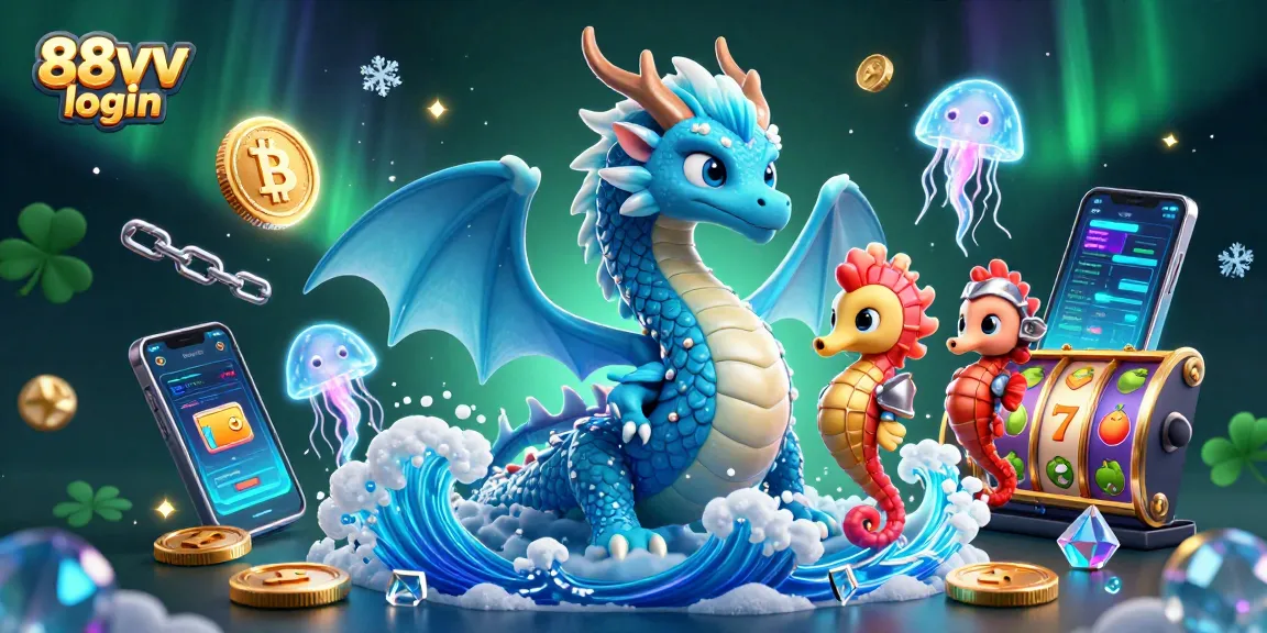 Engage with the 88vv login scene showcasing a 3D azure dragon, crypto coins, and vibrant casino elements.