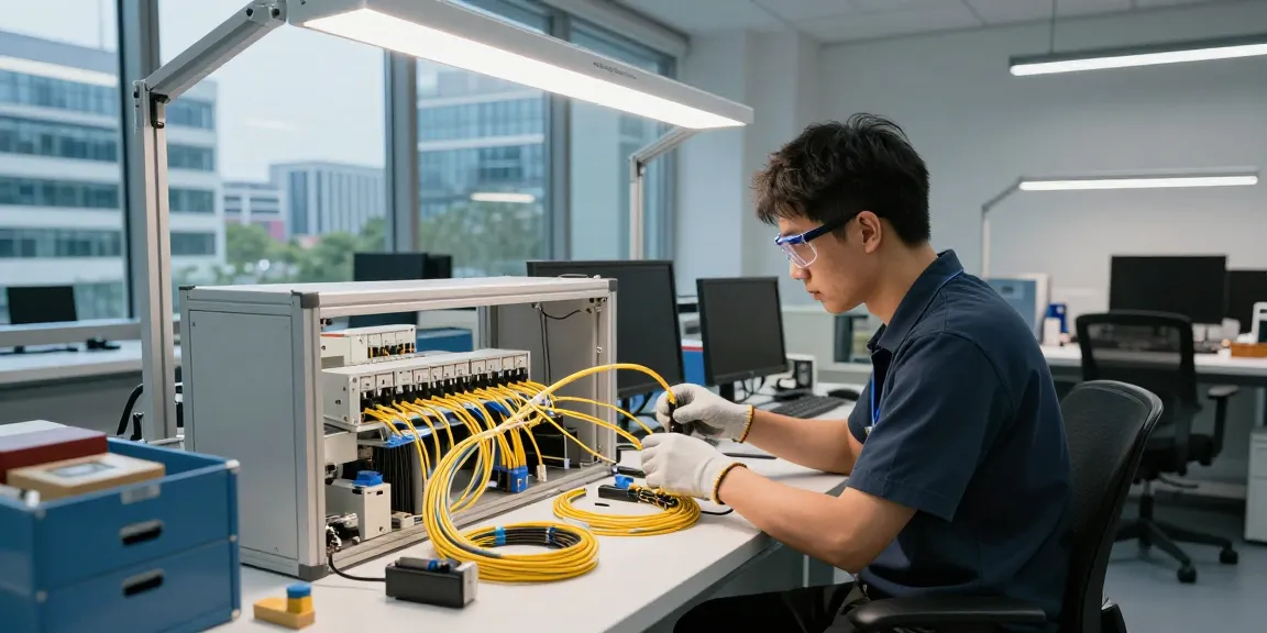 Fiber optic what is it - Engineer assembling high-density fiber optic cables in a modern tech workspace.