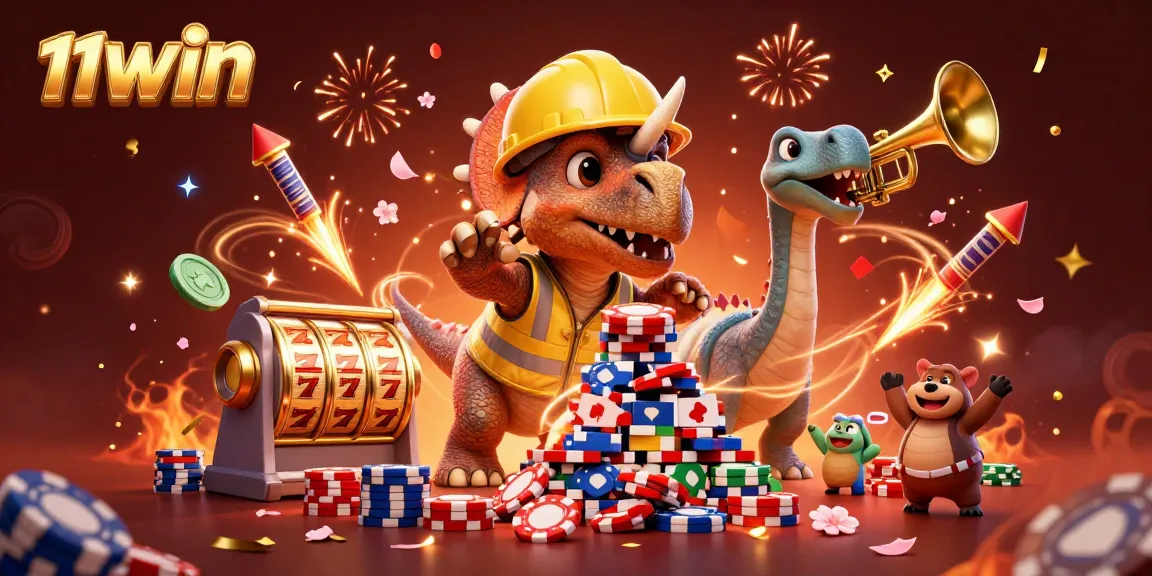 Join the colorful 11WIN celebration with a triceratops stacking poker chips in this vibrant casino scene.