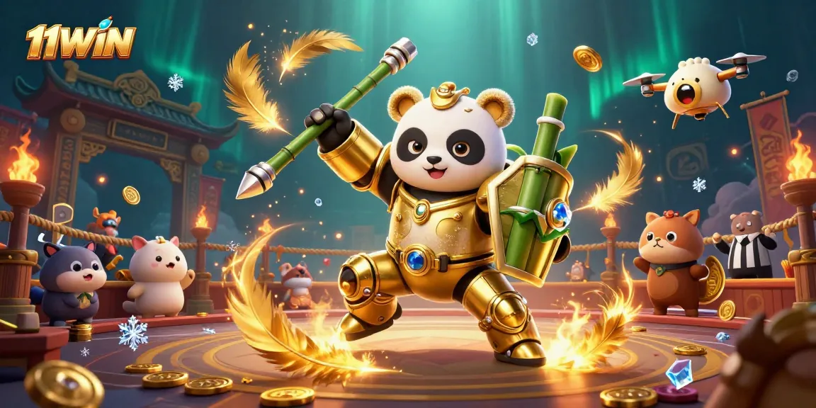 Experience the excitement of 11WIN with a vibrant casino showdown led by a golden panda in battle gear.