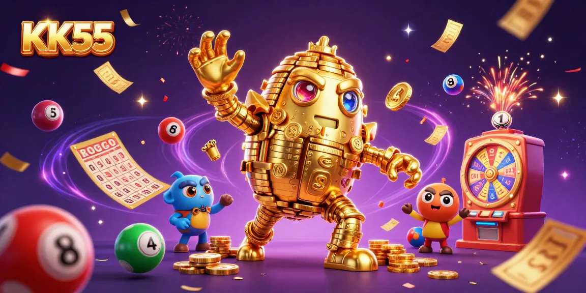 Experience thrilling gaming adventures with KK55's animated golden golem and vibrant casino elements.
