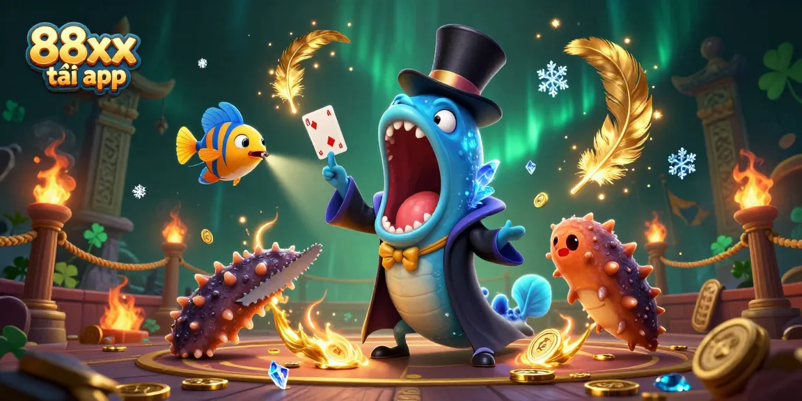 Engage with the magic of 88xx tải app featuring casino-themed underwater characters performing tricks.