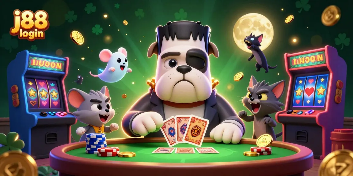 Engage in the excitement of j88 login with a vibrant 3D casino scene teeming with colorful game elements.
