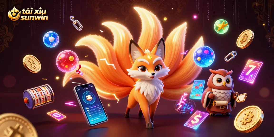 Engaging illustration showcasing tài xỉu sunwin with a colorful nine-tailed fox, owl sage, and vibrant cryptocurrency elements.