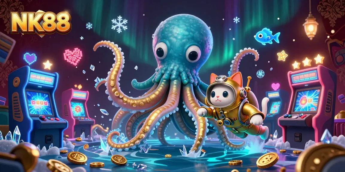 Engage with NK88's vibrant casino adventure, featuring a stunning kraken and diving cat amidst dynamic gaming elements.