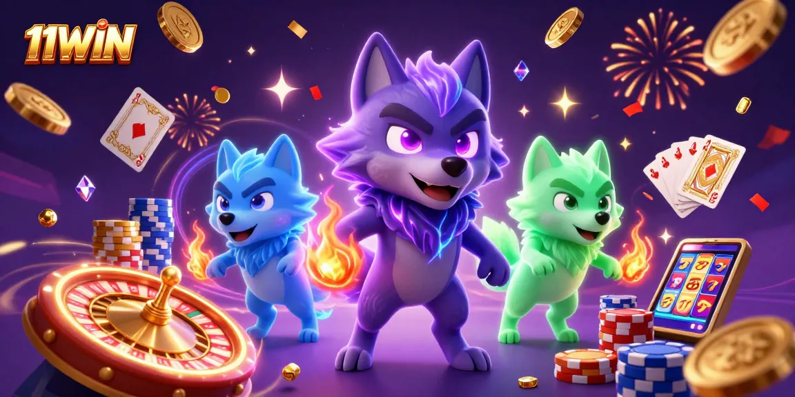 Engage with thrilling 11WIN casino experiences featuring cartoon wolf characters amid dazzling game elements.