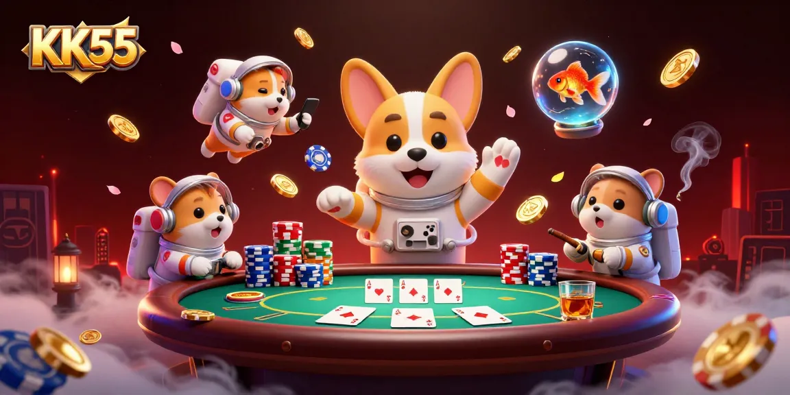 KK55's vibrant casino scene features an astronaut corgi amidst poker chips and a whimsical atmosphere.