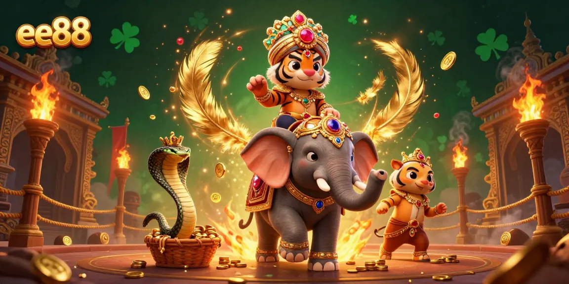 Engage with ee88 in a vibrant casino scene featuring an Indian maharaja tiger and a jewel-encrusted elephant.