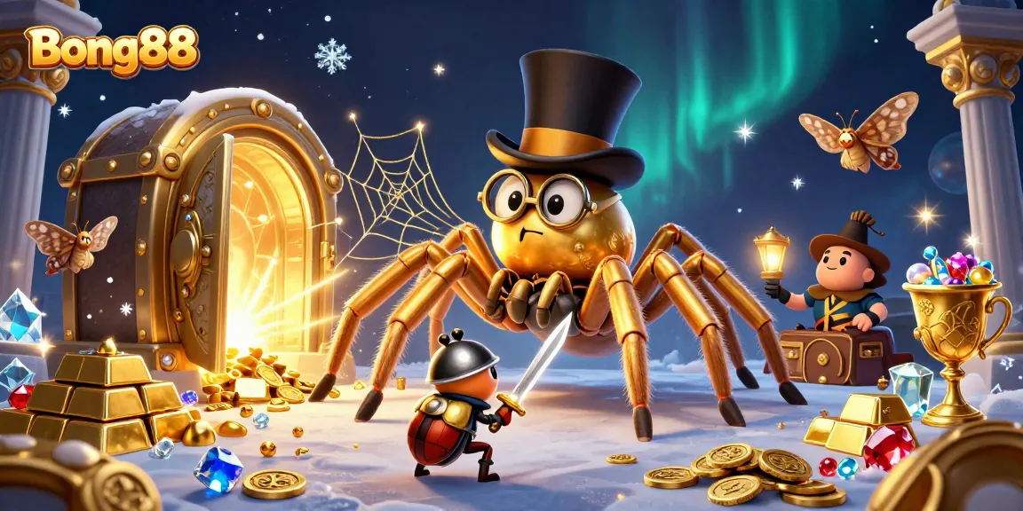 Bong88 thrills players with a vivid 3D illustration, showcasing a golden tarantula and knight amid dazzling casino treasures.
