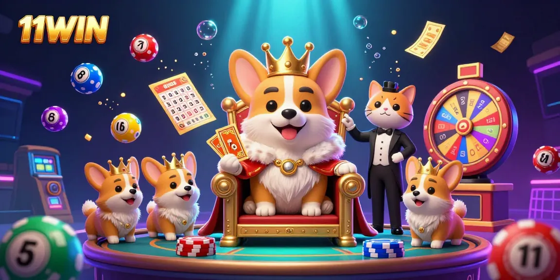 Experience the excitement of 11WIN with a royal corgi surrounded by thrilling casino elements.
